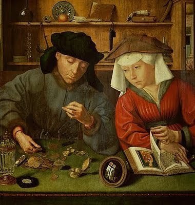Quentin Metsys, le banquier et sa femme. Dans le reflet du miroir posé entre eux, un voleur qui les guette... Quentin Metsys, le banquier et sa femme. Dans le reflet du miroir posé entre eux, un voleur qui les guette...