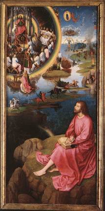 Memling. Vision de l'Apocalypse ( dévoilement, révélation), saint Jean, la Femme et le Dragon.