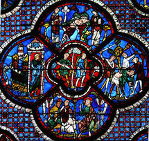 Chartres : vitrail de la Parabole du Bon Samaritain.