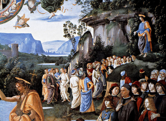 Le Christ enseignant les foules, sermon sur la montagne. ( Quattro cento, chapelle Sixtine) Voir ci-dessous le tableau en entier, cette partie du tableau évoquant l'Eglise, rassemblement de ceux qui écoutent la Parole du Christ, les fidèles baptisés.