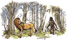 Illustration de "La Dernière bataille" : l'âne accepte de singer Aslan, convaincu par les propos mensongers du singe