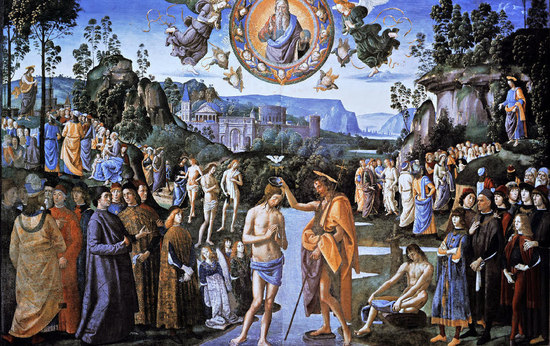 Le baptême du Christ au centre. A gauche, prédication de Jean-Baptiste, à droite, prédication du Christ, le Jourdain partage la scène en deux et évoque la Paque, ainsi que le passage de l'Ancien au Nouveau Testament. 3 celui-ci est mon Fils Bien-Aimé, écoutez-le". Théophanie trinitaire, au centre du tableau le Père, l'Esprit, le Fils. Le baptême du Christ au centre. A gauche, prédication de Jean-Baptiste, à droite, prédication du Christ, le Jourdain partage la scène en deux et évoque la Paque, ainsi que le passage de l'Ancien au Nouveau Testament. 3 celui-ci est mon Fils Bien-Aimé, écoutez-le". Théophanie trinitaire, au centre du tableau le Père, l'Esprit, le Fils.