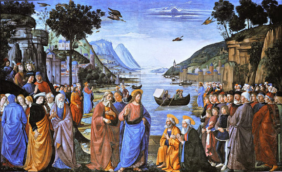 Appel des disciples. Une vocation au service de l'ensemble des fidèles. Remarquez le père de Jacques et Jean dans sa barque, puis la suite du Christ ( juste derrière le Christ, les deux apôtres laissent leurs filets : " Je ferai de vous des pêcheurs d'hommes", et ultime détail sans signification mais plein de vie, à droite du tableau, le témoin qui se fait voler la plume de son chapeau...allusion au jeune homme riche? Appel des disciples. Une vocation au service de l'ensemble des fidèles. Remarquez le père de Jacques et Jean dans sa barque, puis la suite du Christ ( juste derrière le Christ, les deux apôtres laissent leurs filets : " Je ferai de vous des pêcheurs d'hommes", et ultime détail sans signification mais plein de vie, à droite du tableau, le témoin qui se fait voler la plume de son chapeau...allusion au jeune homme riche?