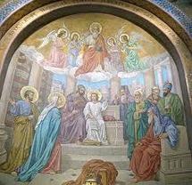 Mosaïques de Lourdes, le recouvrement de Jésus au Temple. Joseph est représenté à droite avec Marie.