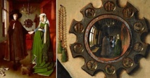 Dans ce célèbre tableau des époux Arnolffi, les époux se tiennent la main en signe d'union tandis que dans le miroir se reflète une image inversée où ils ne se tiennent pas la main : empêchement ? Dans ce célèbre tableau des époux Arnolffi, les époux se tiennent la main en signe d'union tandis que dans le miroir se reflète une image inversée où ils ne se tiennent pas la main : empêchement ?